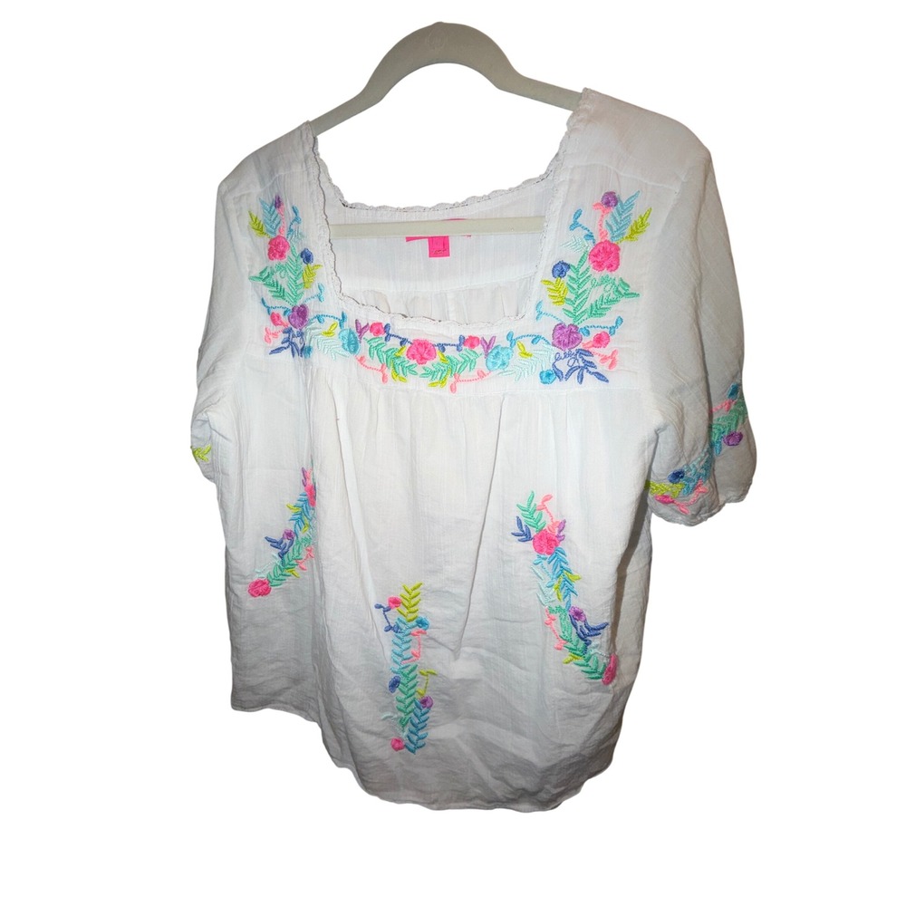 Lilly Pulitzer White Cotton Gauze Floral Embroidered Peasant Blouse Large